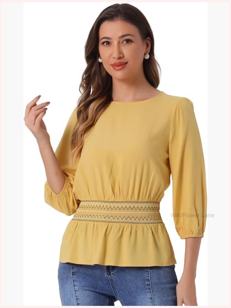 Peplum Top With 3/4 Sleeve Smocked Waist Blouse